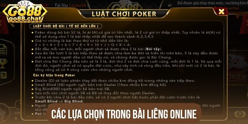 Các lựa chọn trong bài Liêng online