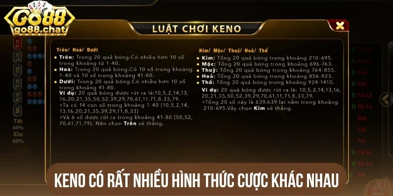 Keno có rất nhiều hình thức cược khác nhau